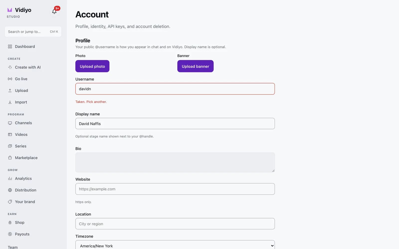 The Account page in Vidiyo Studio with Upload photo and Upload banner buttons and fields for Username, Display name, Bio, Website, Location, and Timezone.