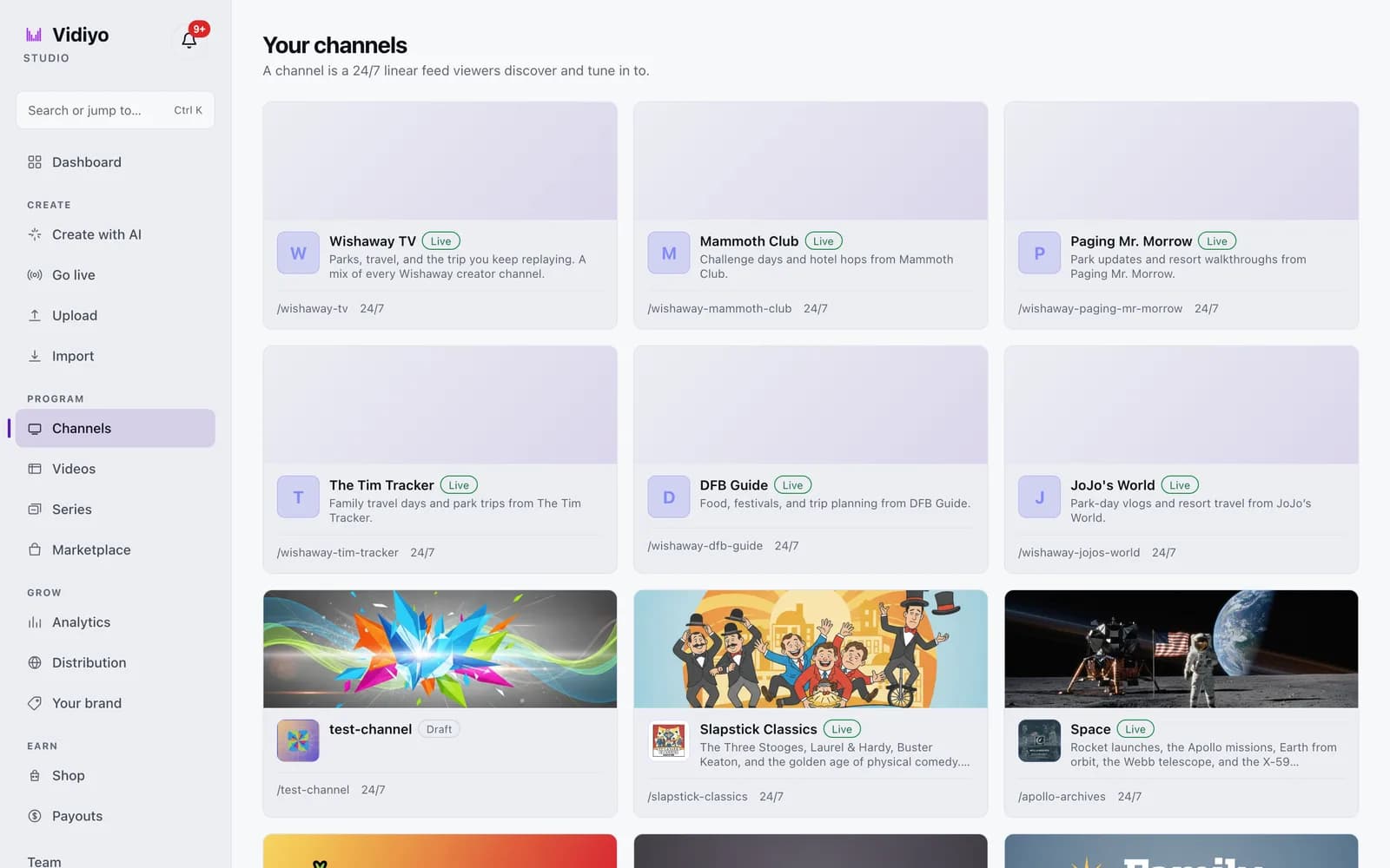 The Your channels page in Vidiyo Studio showing a grid of channel cards, each with a name, a Live or Draft chip, a short description, and its URL