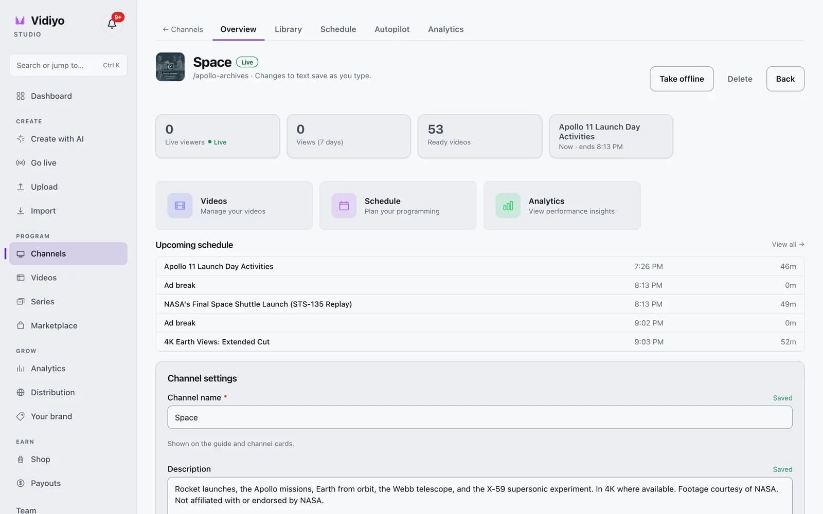 The Overview tab of a live channel called Space in Vidiyo Studio, with live viewer, view, and ready video counts, an upcoming schedule list, and the Channel settings card.