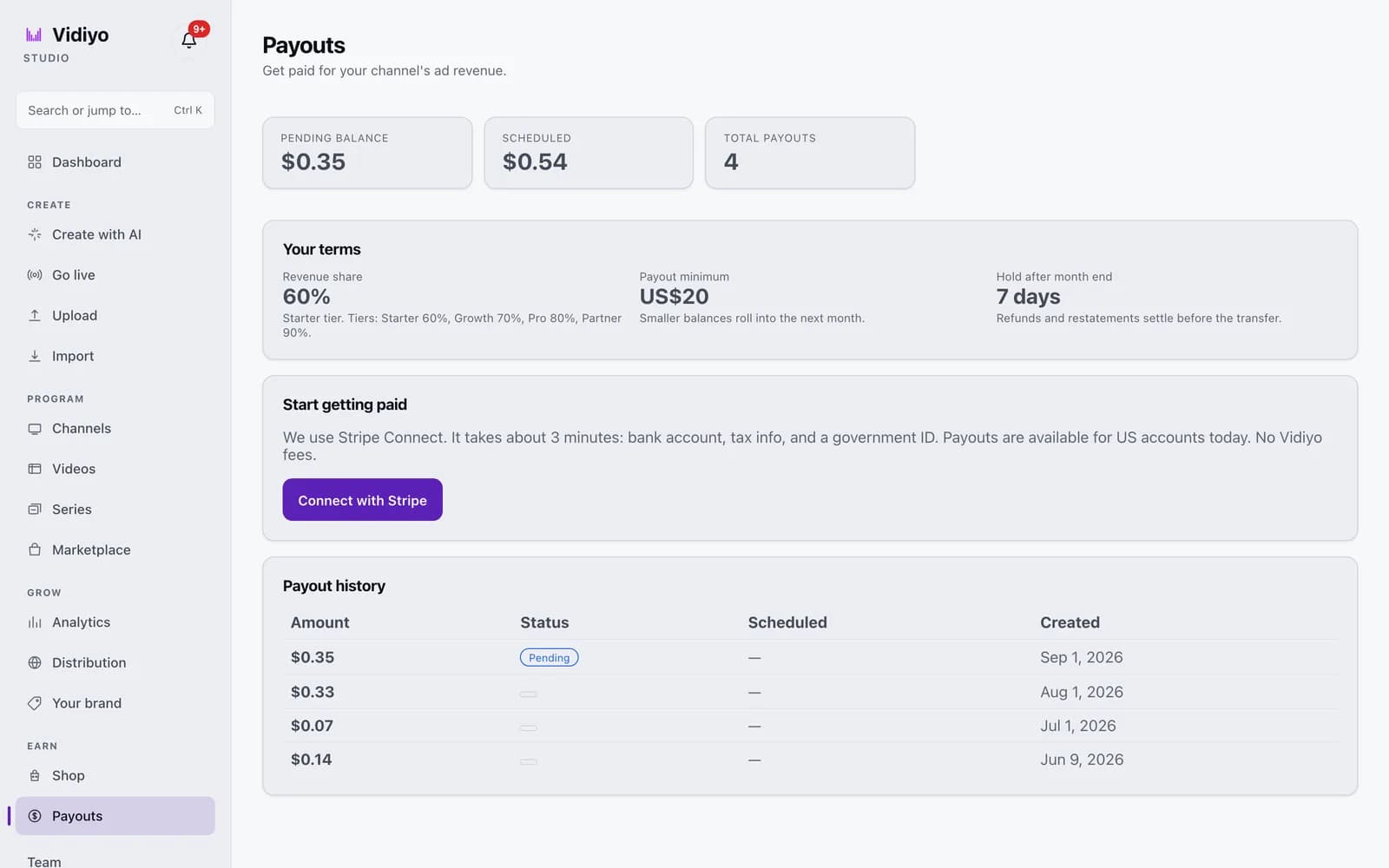 The Payouts page in Vidiyo Studio showing pending balance, scheduled balance, total payouts, the Your terms card, the Connect with Stripe button, and a payout history table.