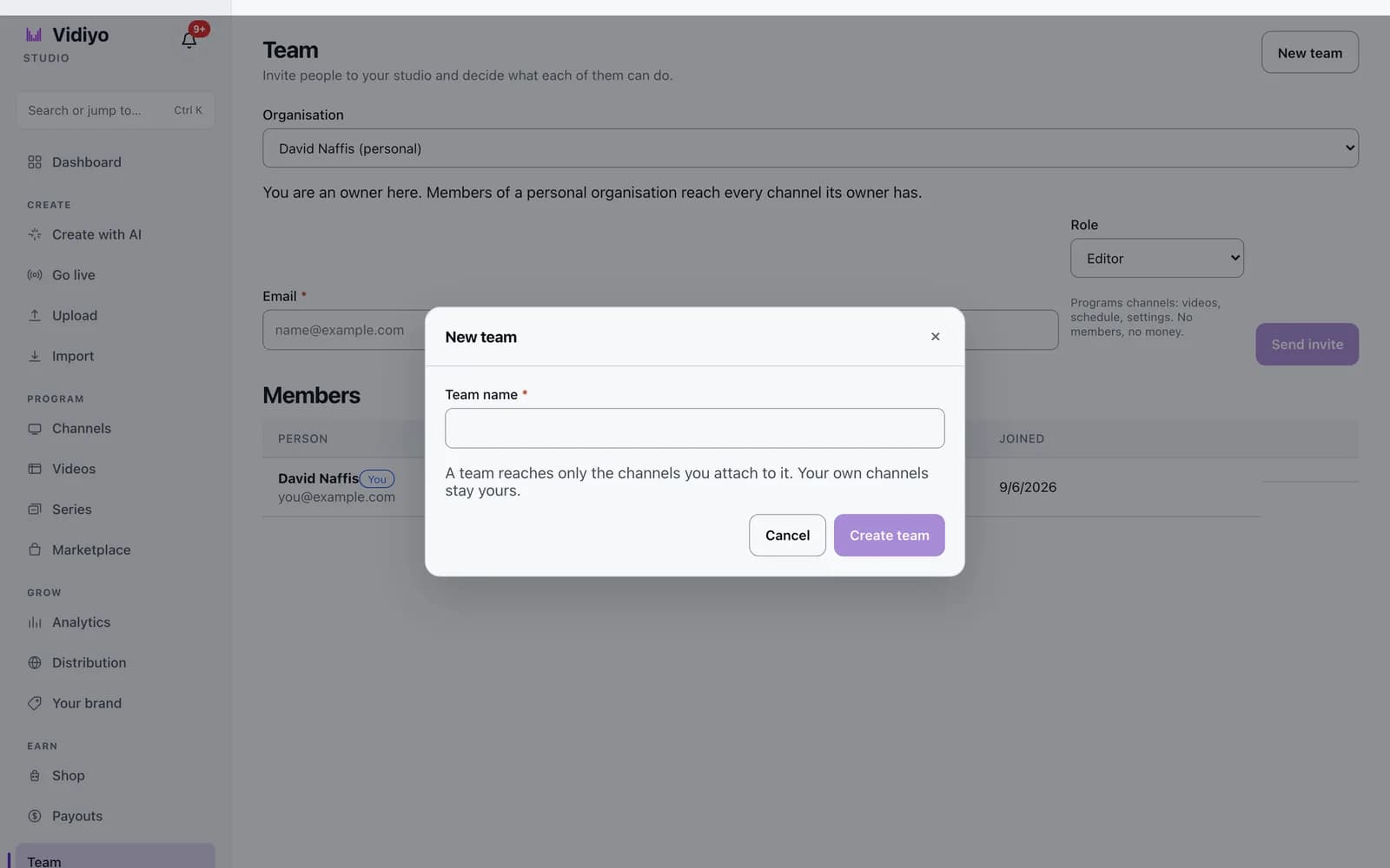 The New team dialog with a Team name field and a Create team button.
