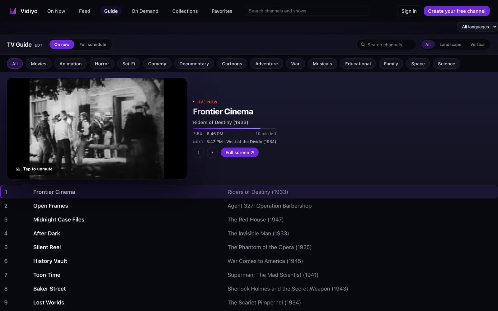 The TV Guide on vidiyo.com in the On now view: a header with On now and Full schedule buttons, a Search channels field, All, Landscape, and Vertical filters, a row of category chips, a hero player showing a black and white western with LIVE NOW, Frontier Cinema, Riders of Destiny (1933), a progress bar reading 10 min left, a NEXT line, and a Full screen button, and a numbered list of channels with their current programs