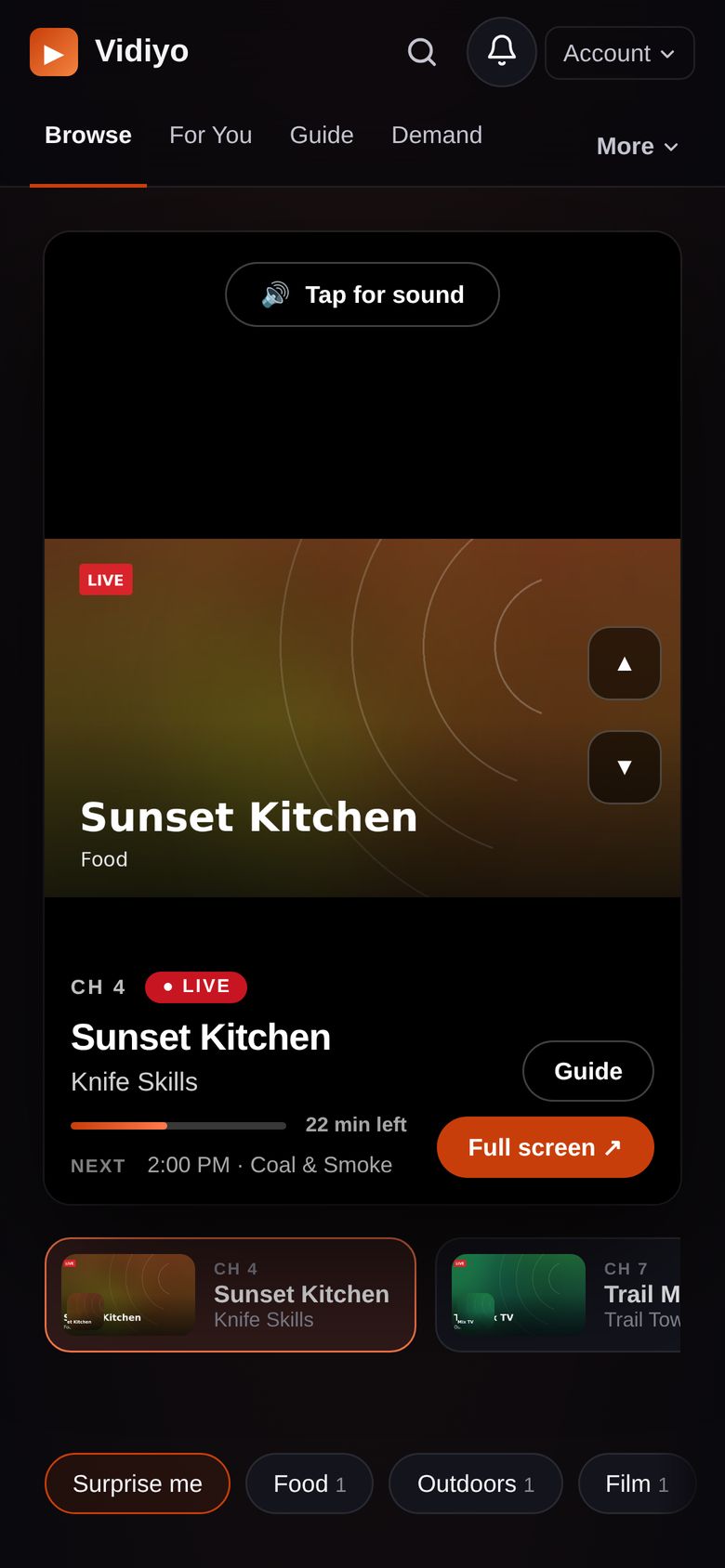 Vidiyo on a phone: the live stage with channel dial and categories