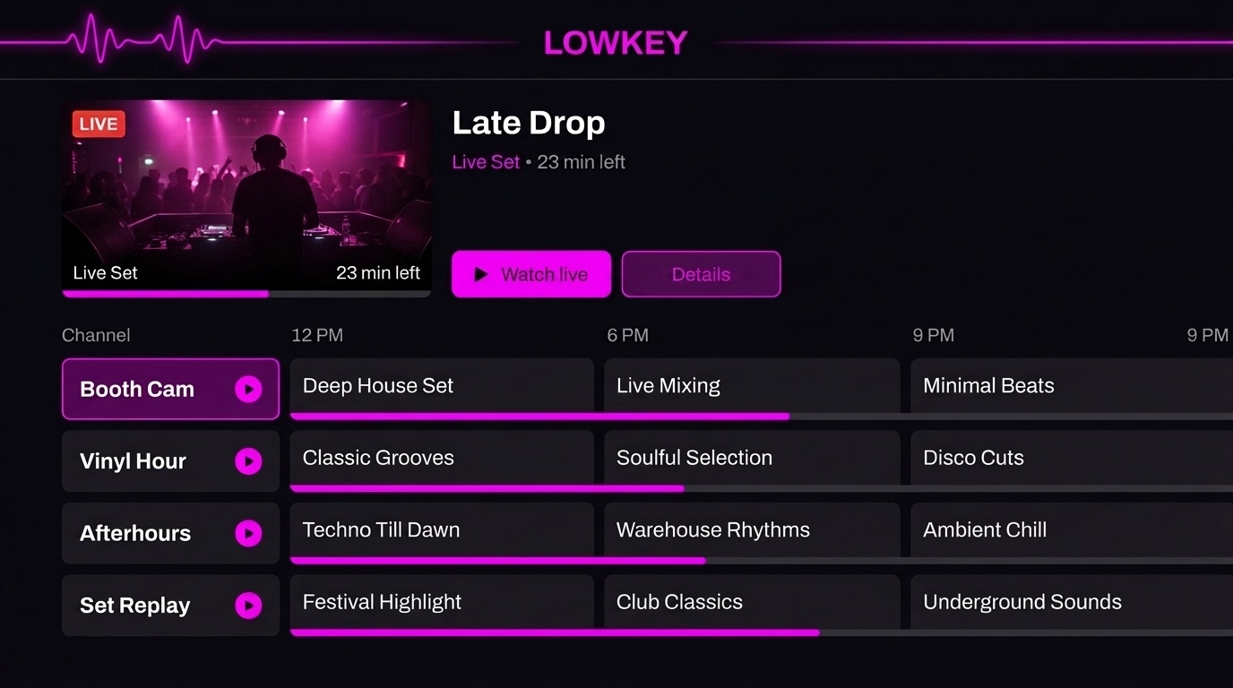 Lowkey TV guide with Late Drop live preview