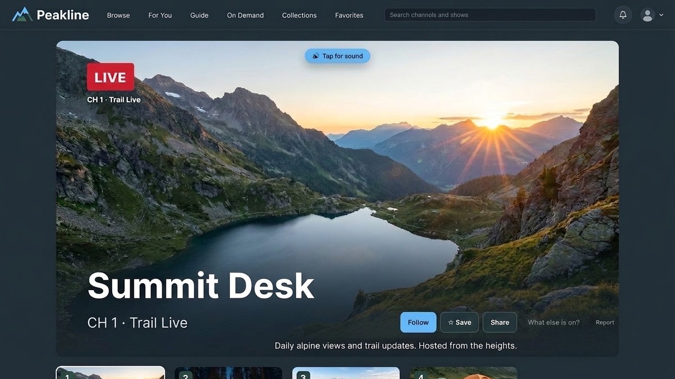 Peakline branded watch site: Summit Desk live with trail channels