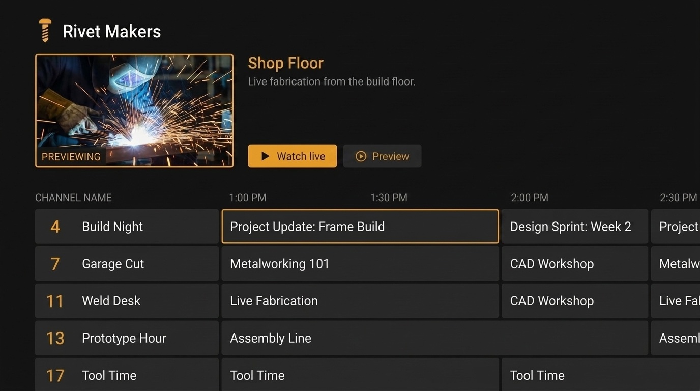 Rivet TV guide with Shop Floor live preview